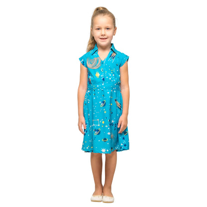 Girl Kids Vintage Style Collared Button down Dress Galaxy Print - Available in 3 Colors