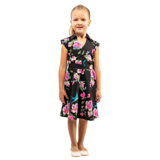 Girls Kids Vintage Style Collared Button down Dresses Floral Print - Available in 3 Colors