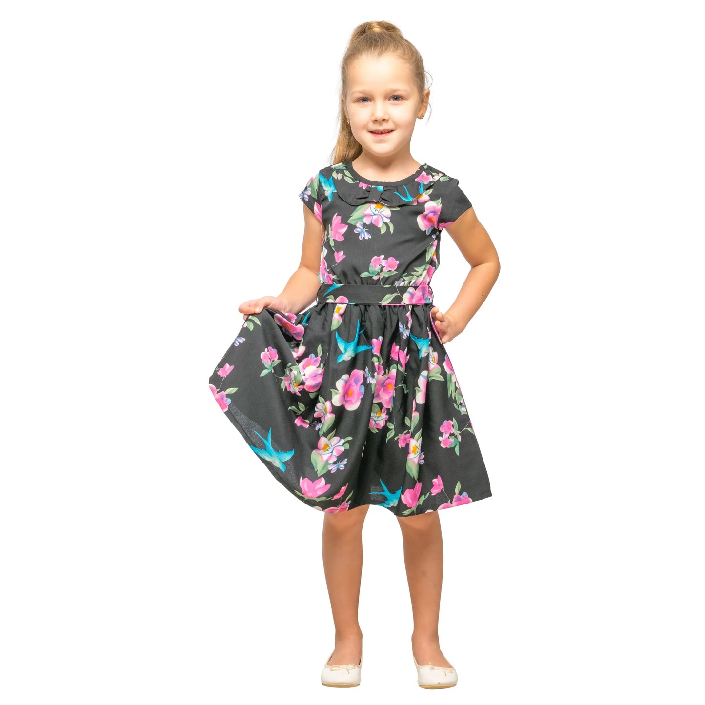 Girls Kids Vintage Style Peter Pan Collar Dresses Floral Black Print - Available in 3 Colors