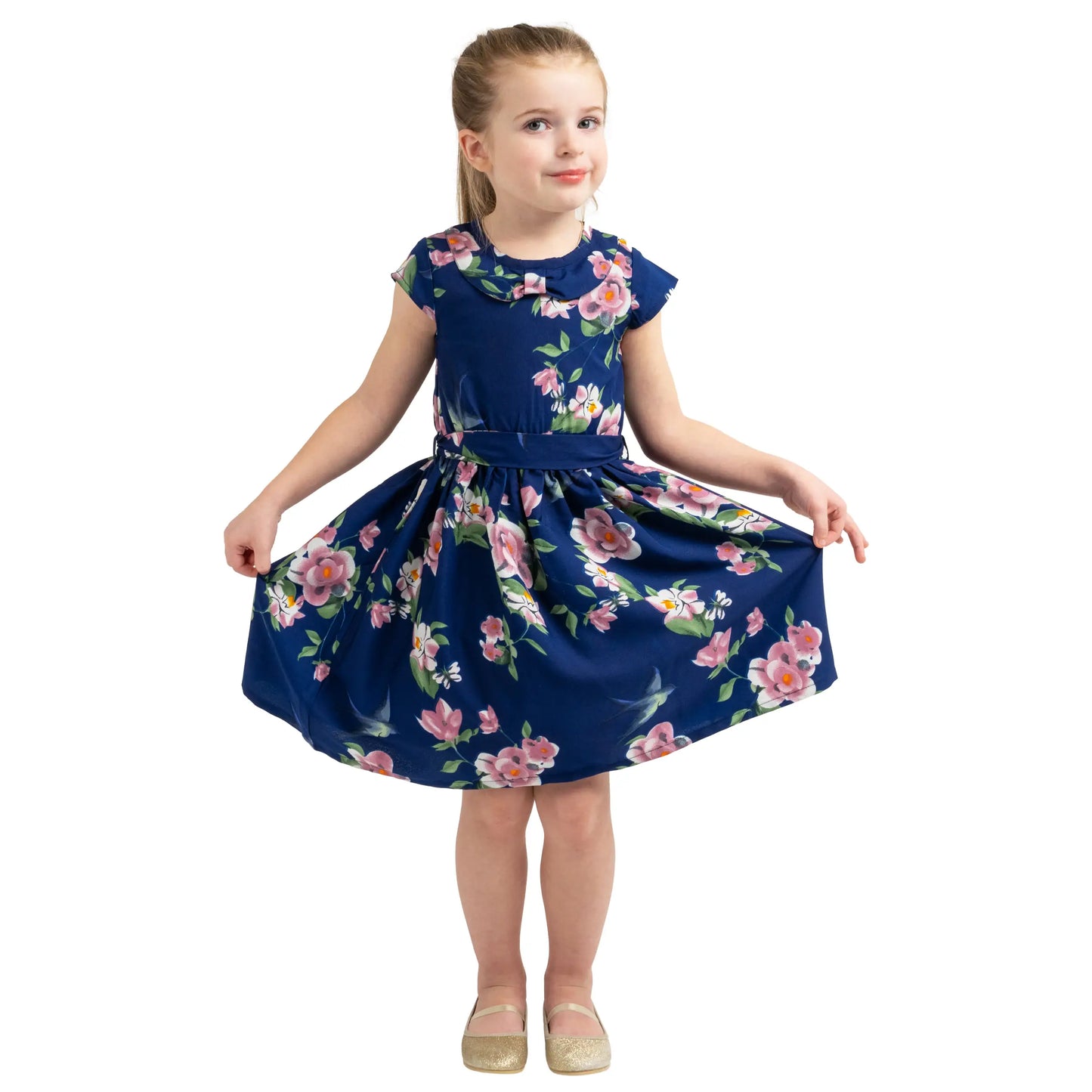 Girls Kids Vintage Style Peter Pan Collar Dresses Floral Black Print - Available in 3 Colors