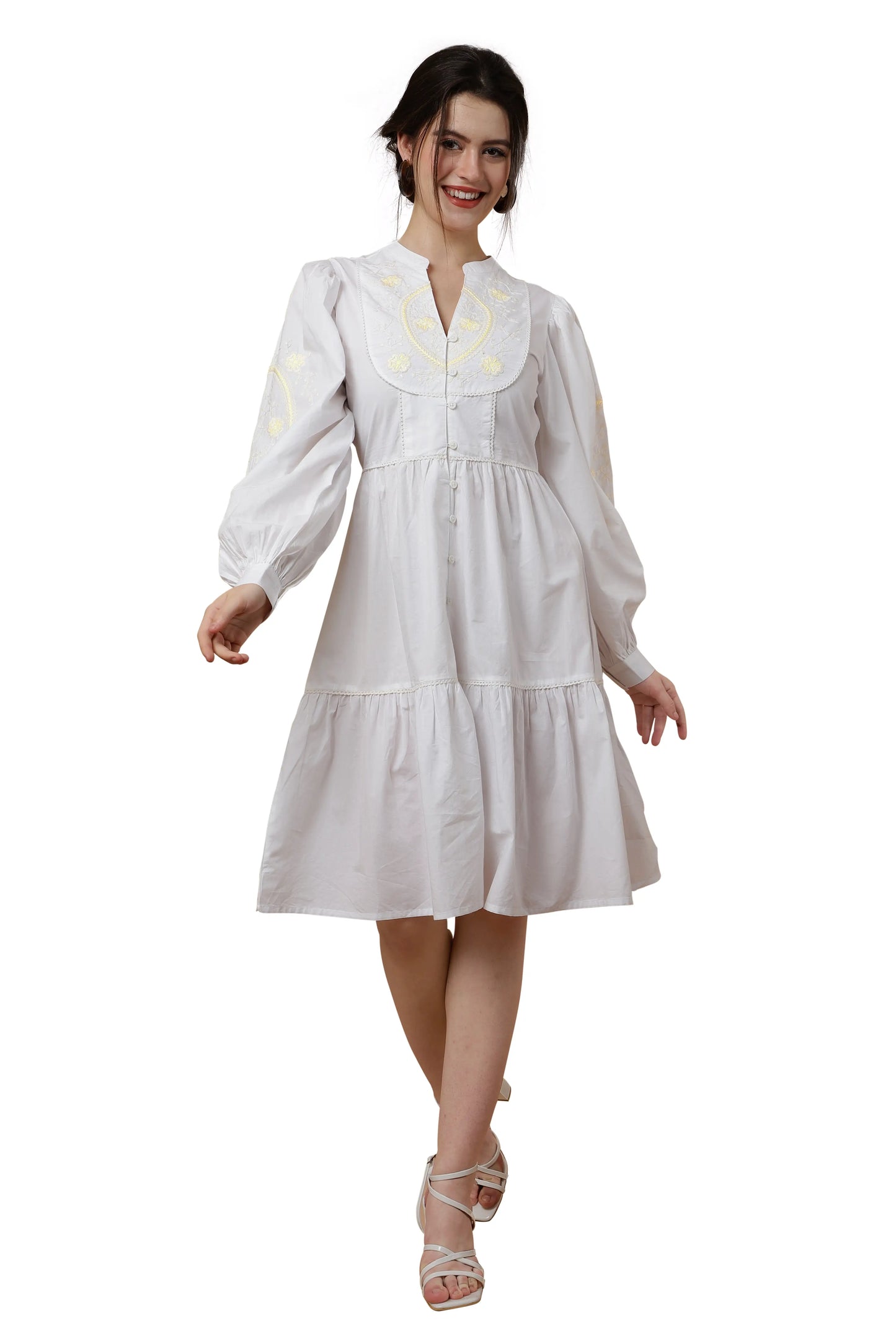 Lace Inserts And Centre Front Button Opening With Peasant Sleeves Tiered Dress - Off White, Small to 3X-Large