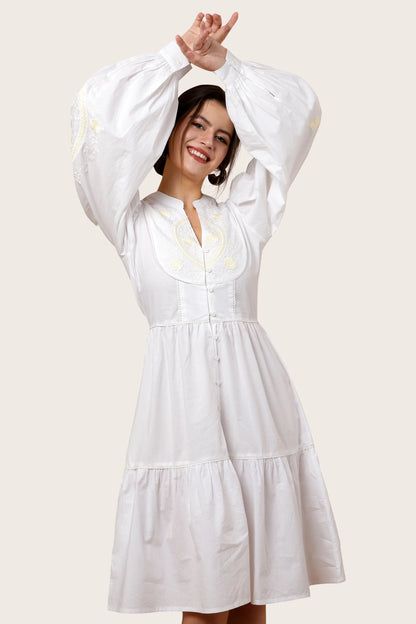 Lace Inserts And Centre Front Button Opening With Peasant Sleeves Tiered Dress - Off White, Small to 3X-Large