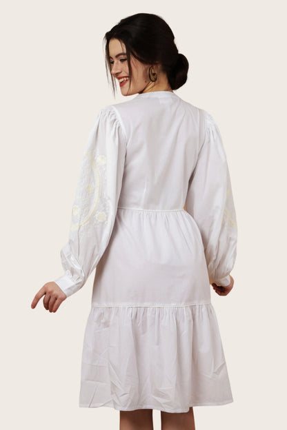 Lace Inserts And Centre Front Button Opening With Peasant Sleeves Tiered Dress - Off White, Small to 3X-Large