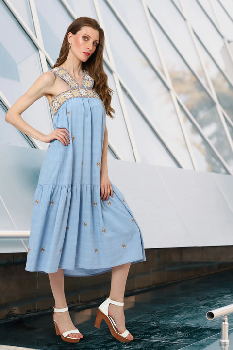Women Cotton Maxi Dress with Embroidered Bands and Button - MOQ 10 Pcs.