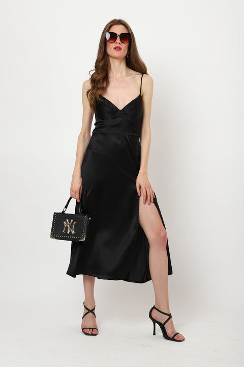 Women Sweetheart Neckline  Dress with Front Slit- Black, MOQ 10 Pcs