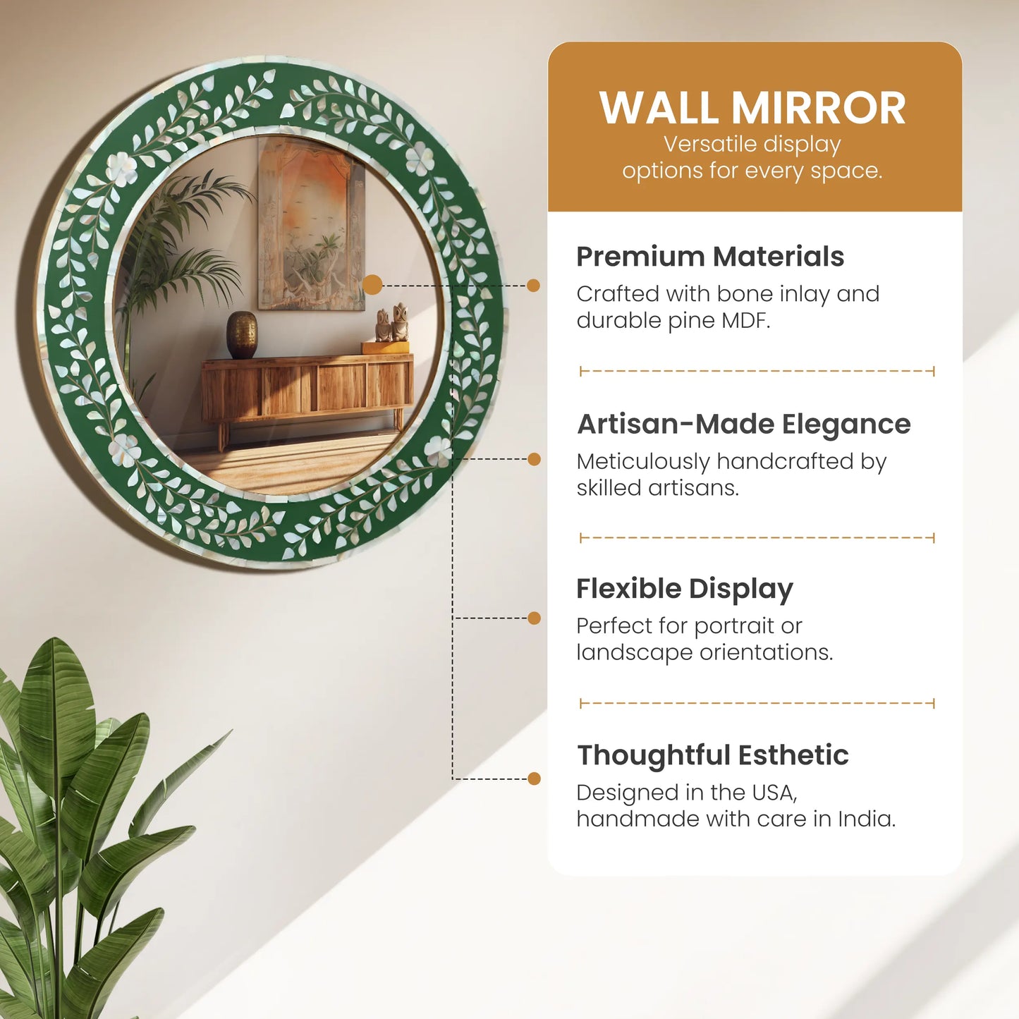 Round Mother of Pearl & Resin Inlay Wall Hanging Green Mirror Frame- 12" Dia