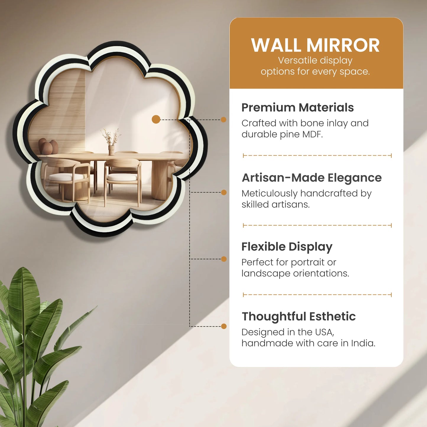 15" Black & White Resin Inlay Round Scalloped Boho Wall Mirror