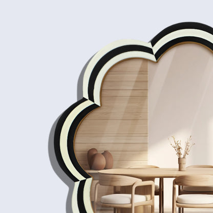 15" Black & White Resin Inlay Round Scalloped Boho Wall Mirror