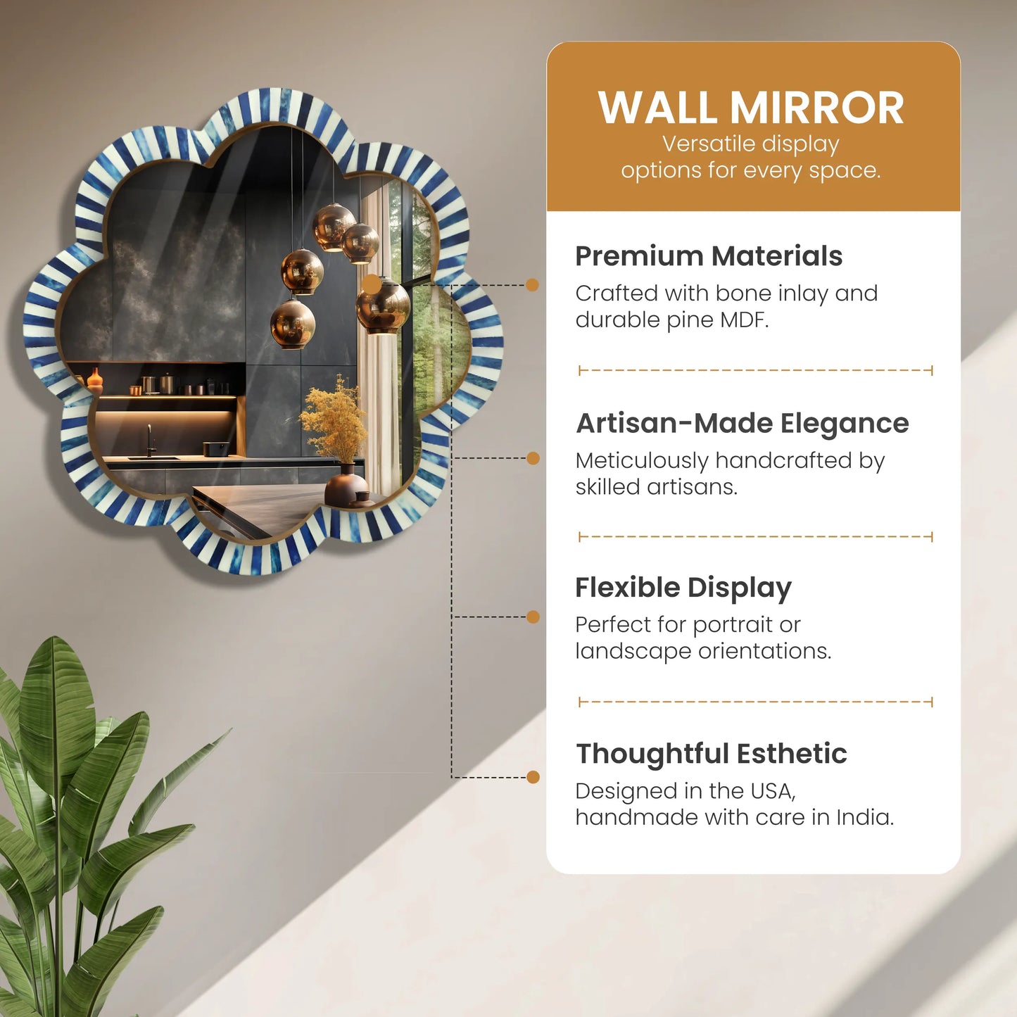 Handmade Blue & White Bone Inlay Scalloped Wall Mirror – 18 inches