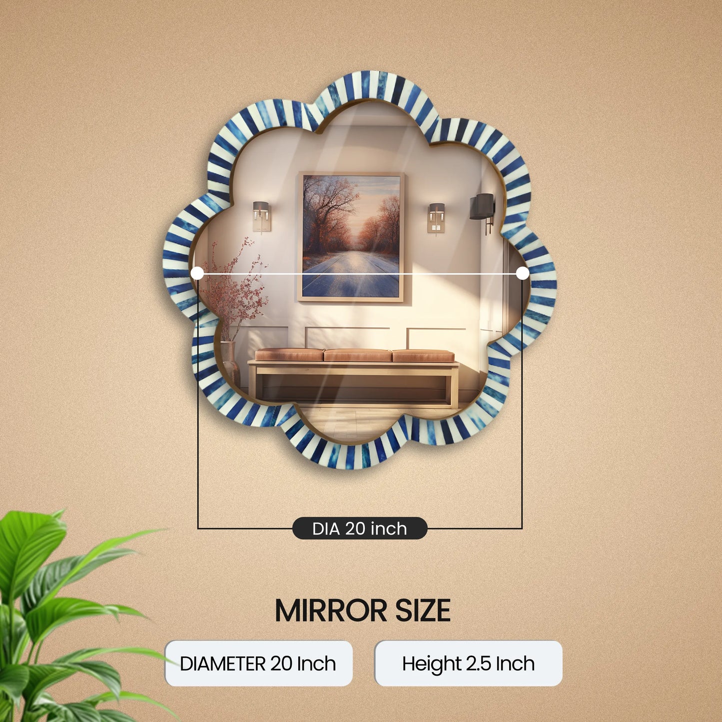 Handmade Blue & White Bone Inlay Scalloped Wall Mirror – 18 inches