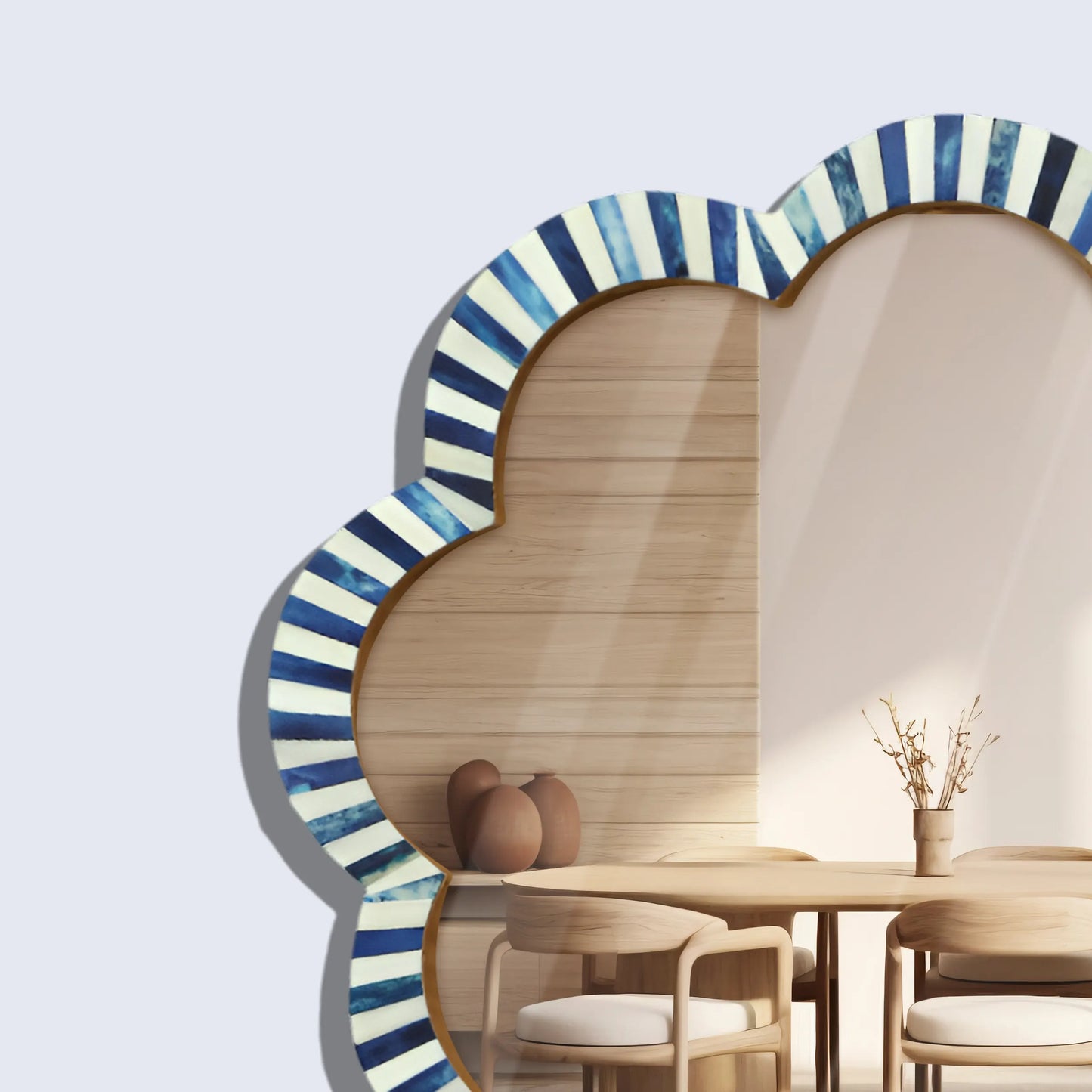 Handmade Blue & White Bone Inlay Scalloped Wall Mirror – 18 inches