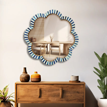 Handmade Blue & White Bone Inlay Scalloped Wall Mirror – 18 inches