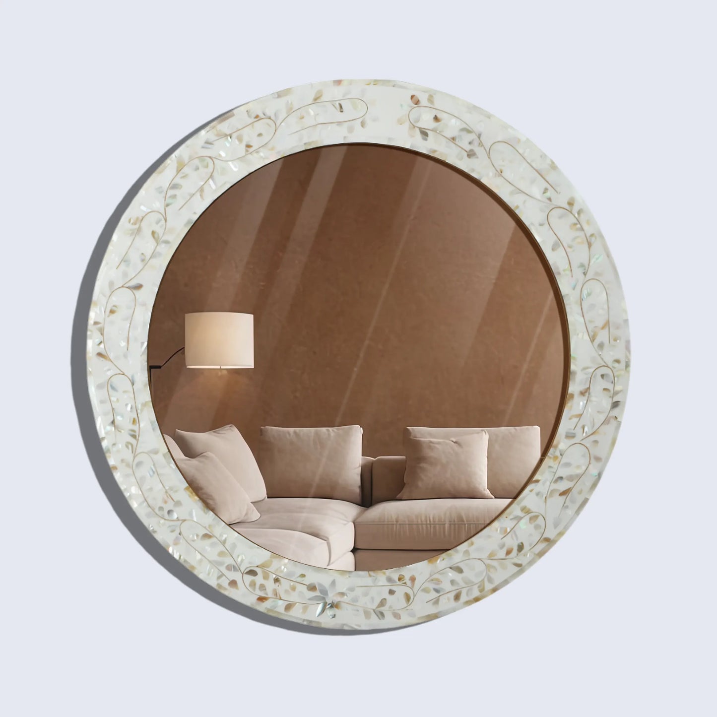 Round Mother of Pearl & Resin Inlay Wall Hanging White Mirror Frame- 22" Dia