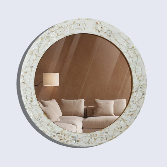 Round Mother of Pearl & Resin Inlay Wall Hanging White Mirror Frame- 22" Dia
