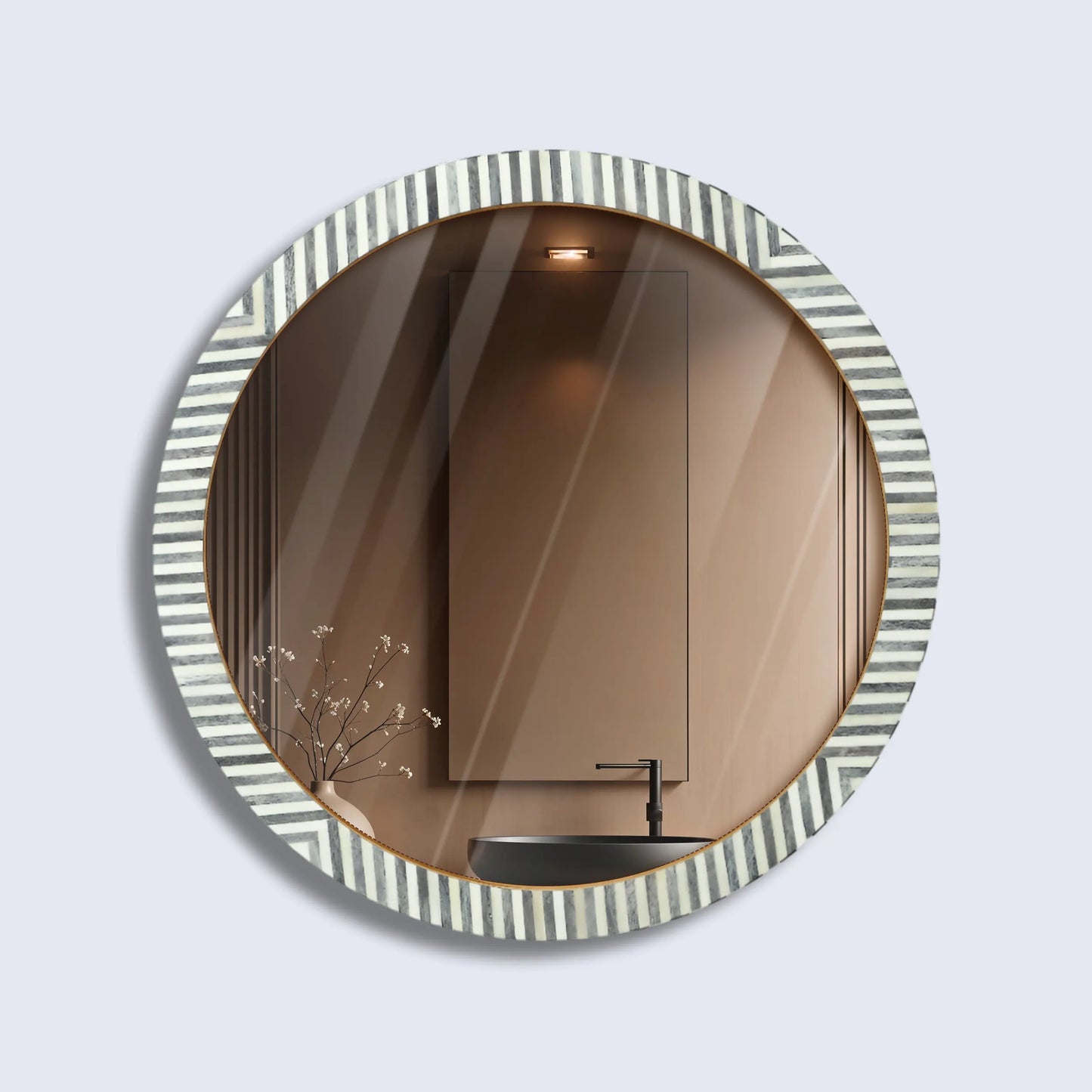 Round Chevron Bone Inlay Wall Hanging Mirror Frame – 24" Dia