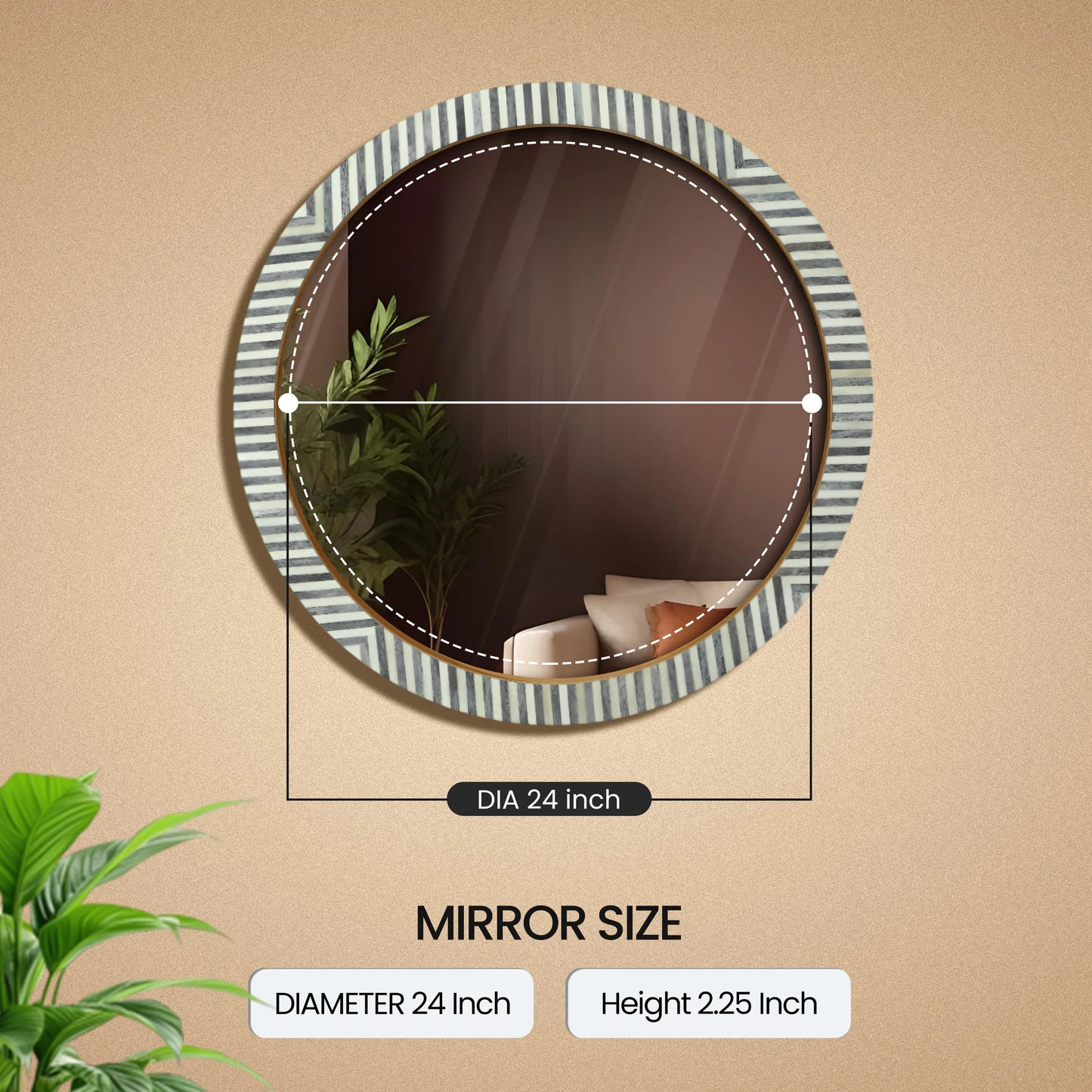 Round Chevron Bone Inlay Wall Hanging Mirror Frame – 24" Dia
