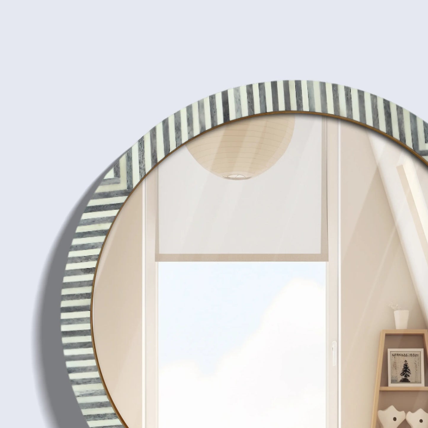 Round Chevron Bone Inlay Wall Hanging Mirror Frame – 24" Dia