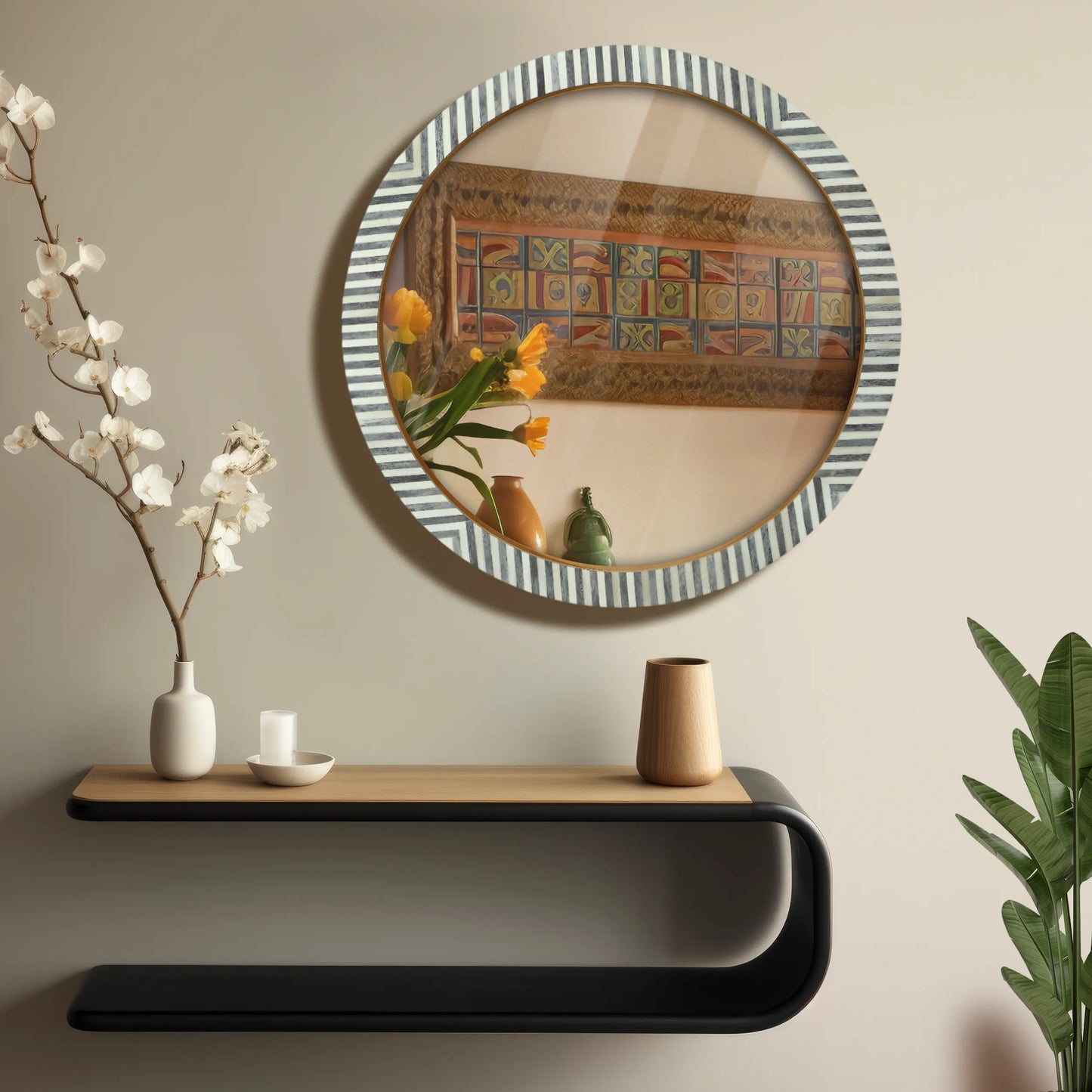 Round Chevron Bone Inlay Wall Hanging Mirror Frame – 24" Dia