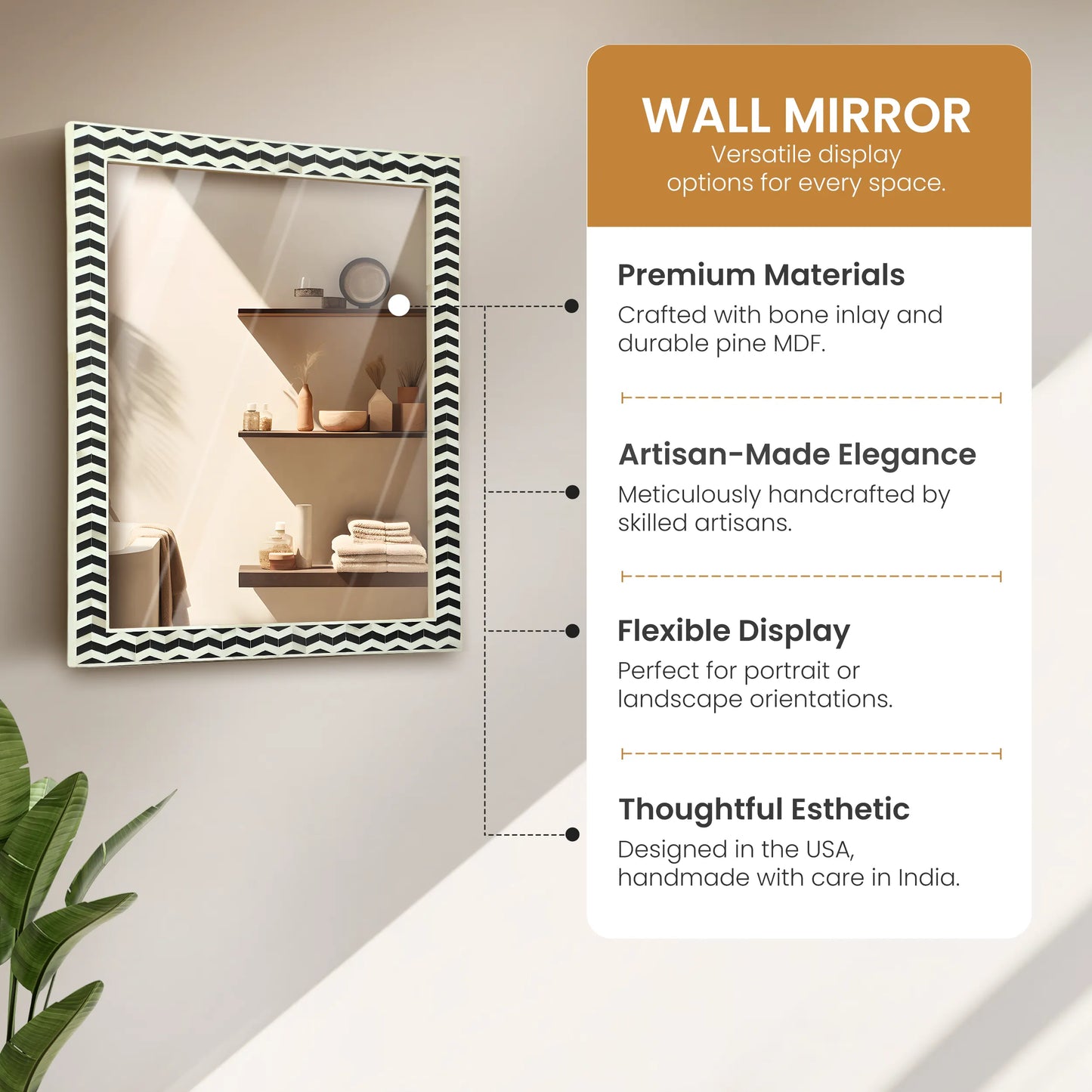 20"x16" Rectangular Mirror – Black White Herringbone MDF Frame