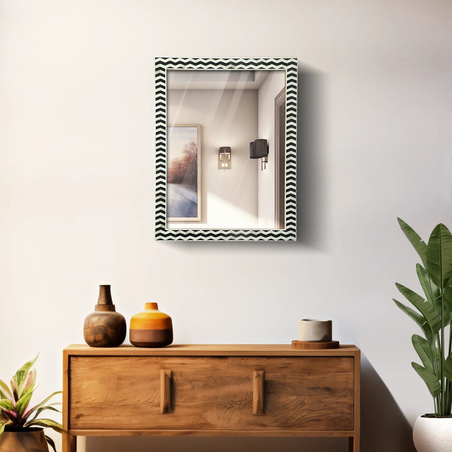 20"x16" Rectangular Mirror – Black White Herringbone MDF Frame