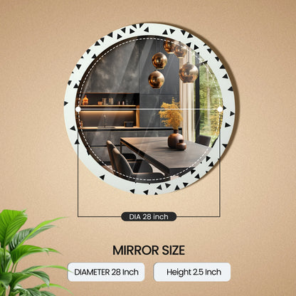 24" Round White & Black Geometric Triangle Pattern Wall Mirror