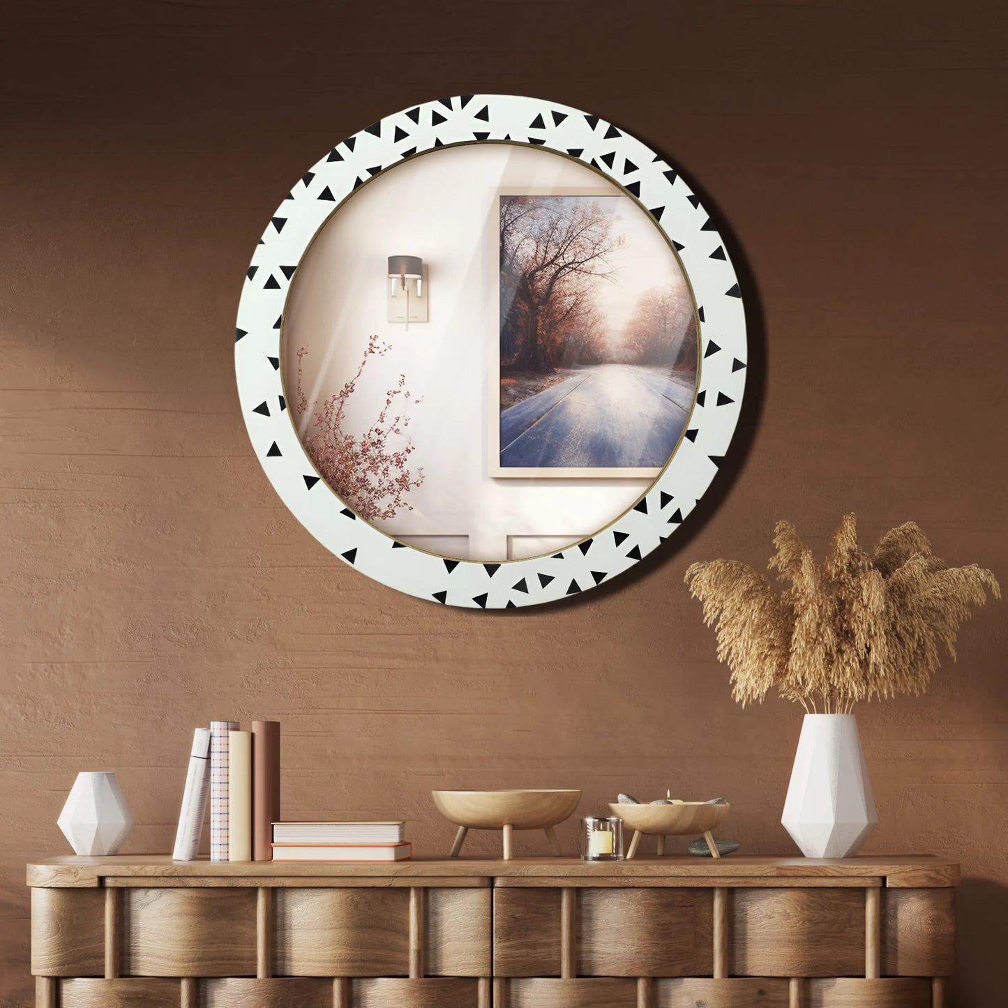 24" Round White & Black Geometric Triangle Pattern Wall Mirror