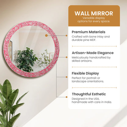 Round Mother of Pearl & Resin Inlay Wall Hanging Pink Mirror Frame- 28" Dia