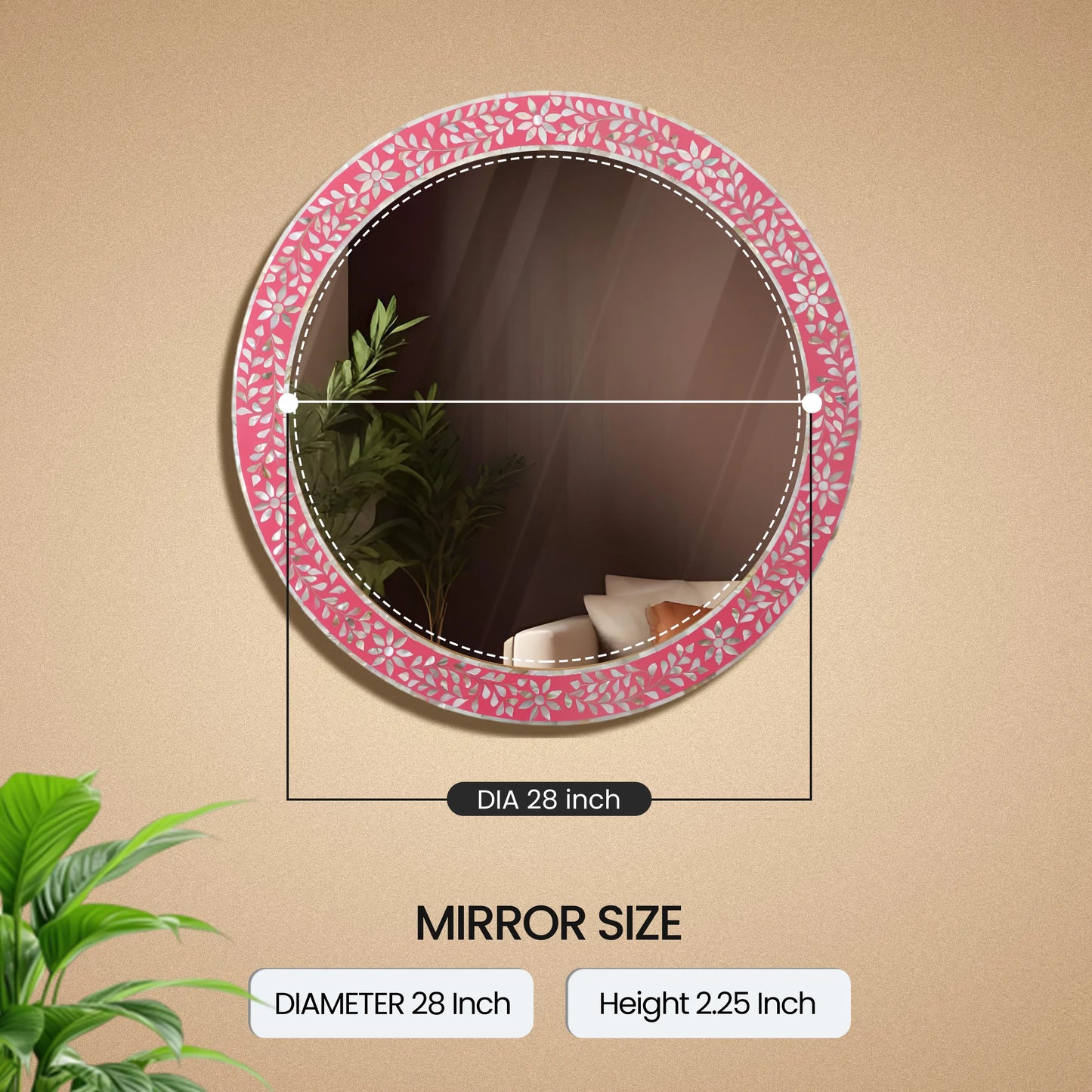 Round Mother of Pearl & Resin Inlay Wall Hanging Pink Mirror Frame- 28" Dia