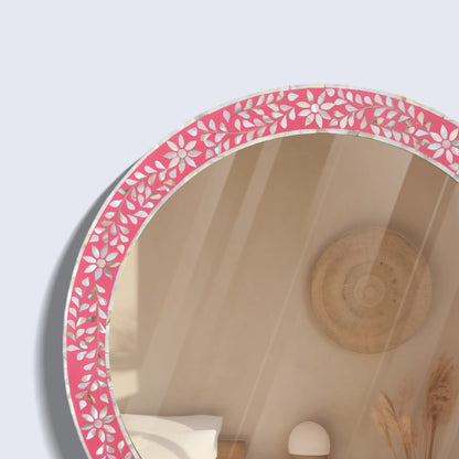 Round Mother of Pearl & Resin Inlay Wall Hanging Pink Mirror Frame- 28" Dia