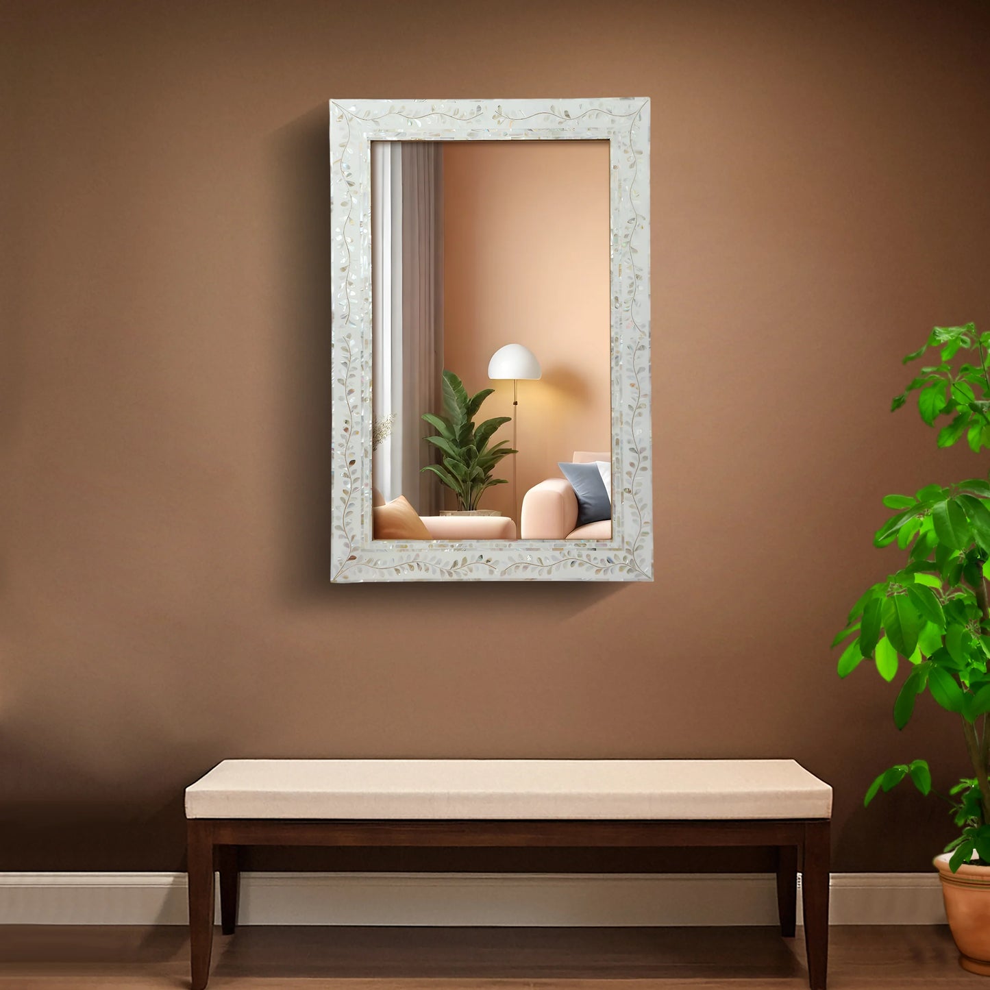 30x20" Rectangular Mother of Pearl & Resin Inlay Wall Hanging Mirror - White, Grey