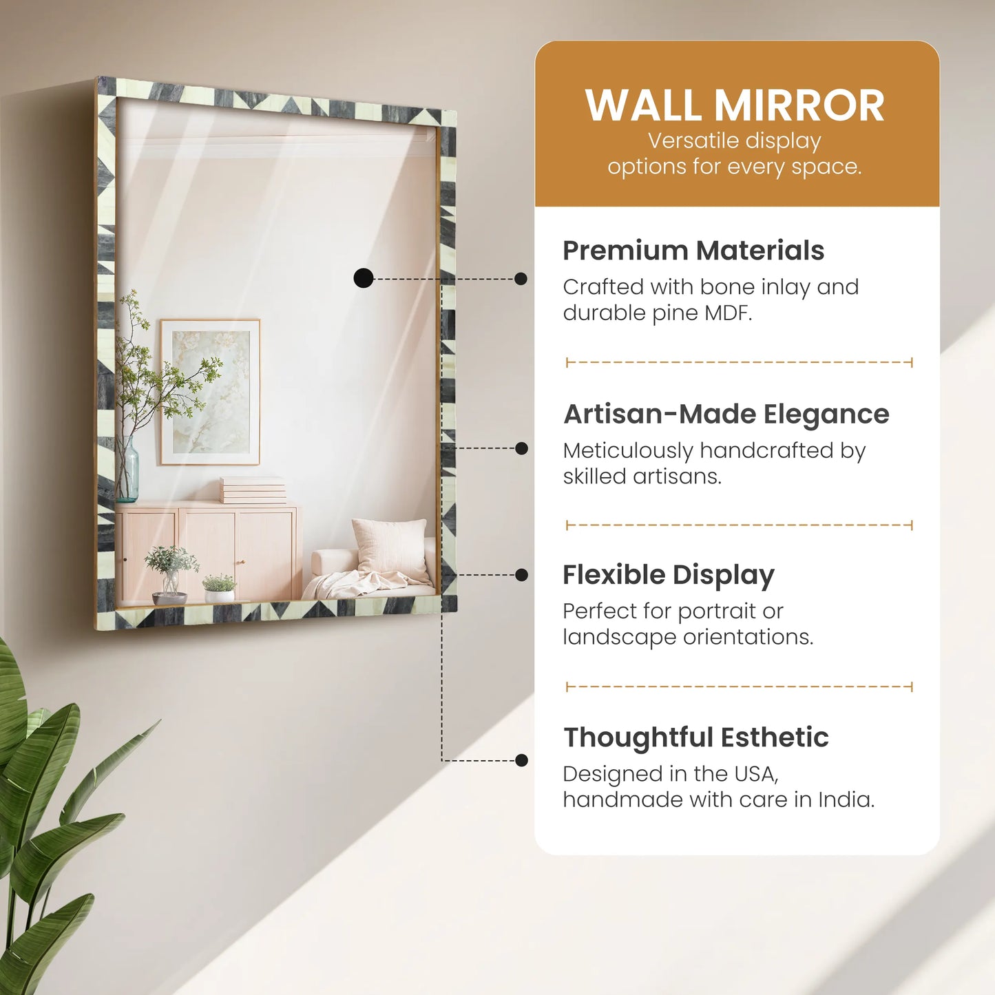 Handmade Bone Inlay Geometric Pattern Wall Mirror Frame – 36”x26”