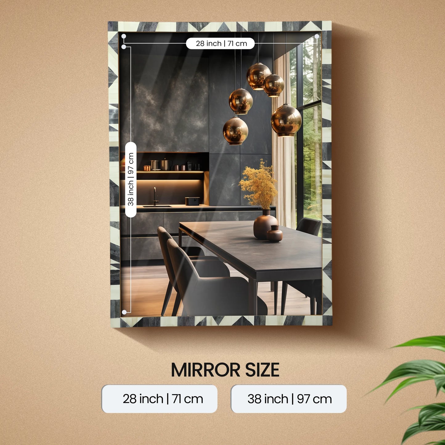 Handmade Bone Inlay Geometric Pattern Wall Mirror Frame – 36”x26”