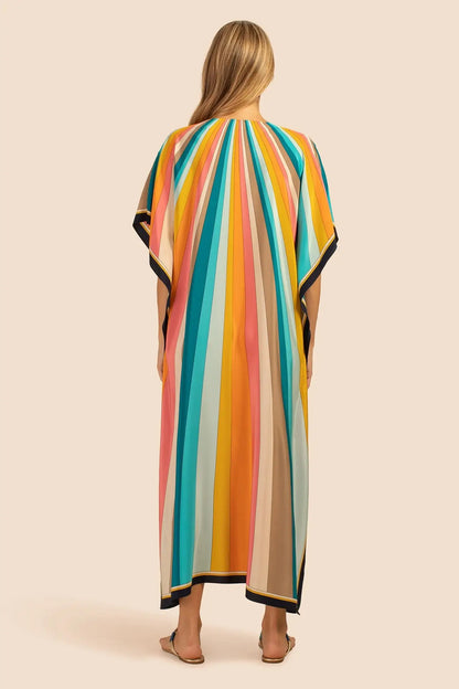 Kaftan Summer Dresses, Split Neckline -Multicolor Stripes