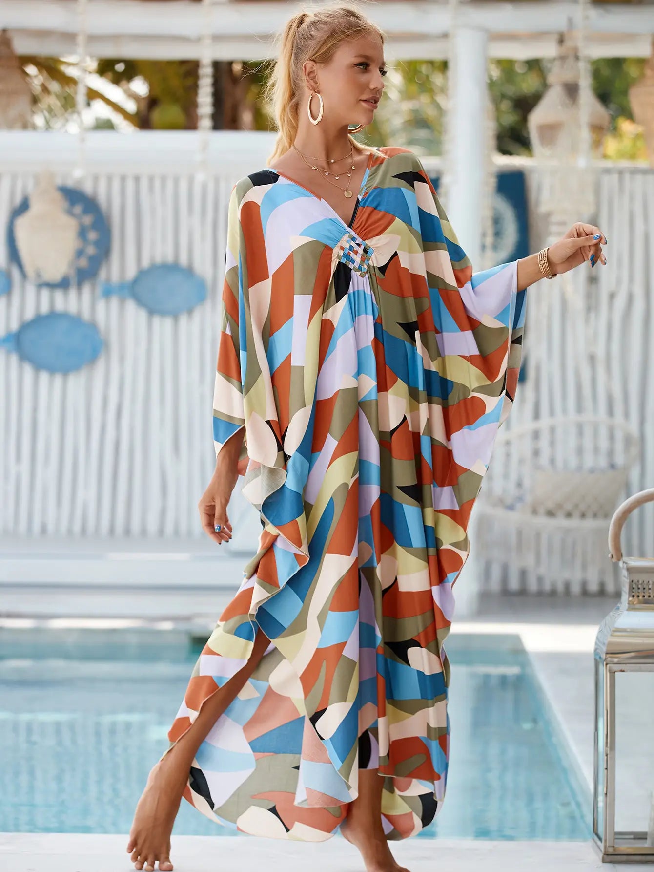 Kaftan Summer Dresses, Braided V-Neck - Brown Abstract, S-3XL