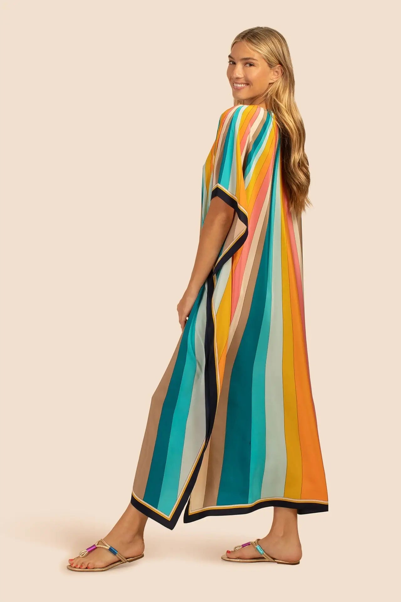 Kaftan Summer Dresses, Split Neckline -Multicolor Stripes