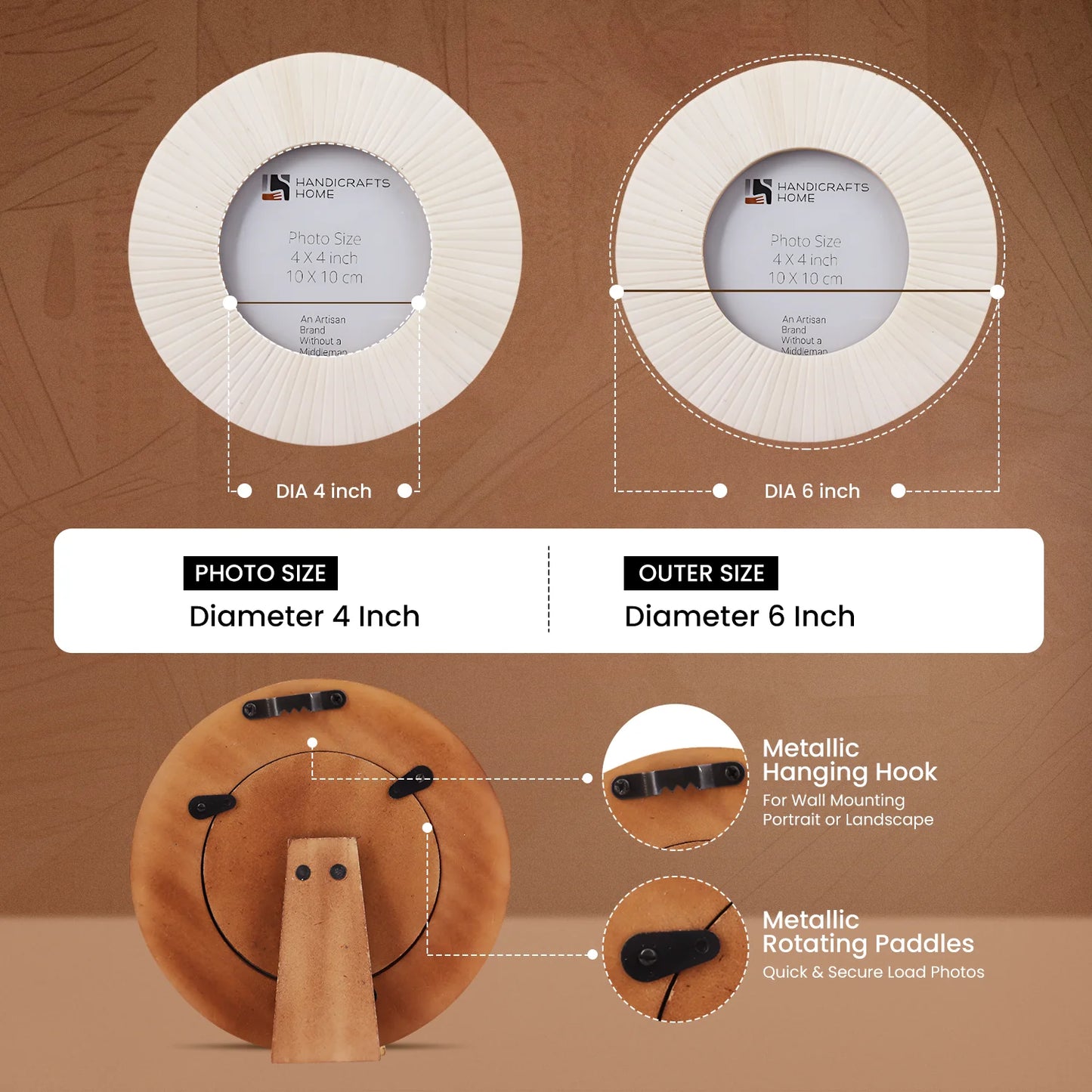 4x4 White Striped Round Picture Frame- Bone Inlay – Wholesale picture frames