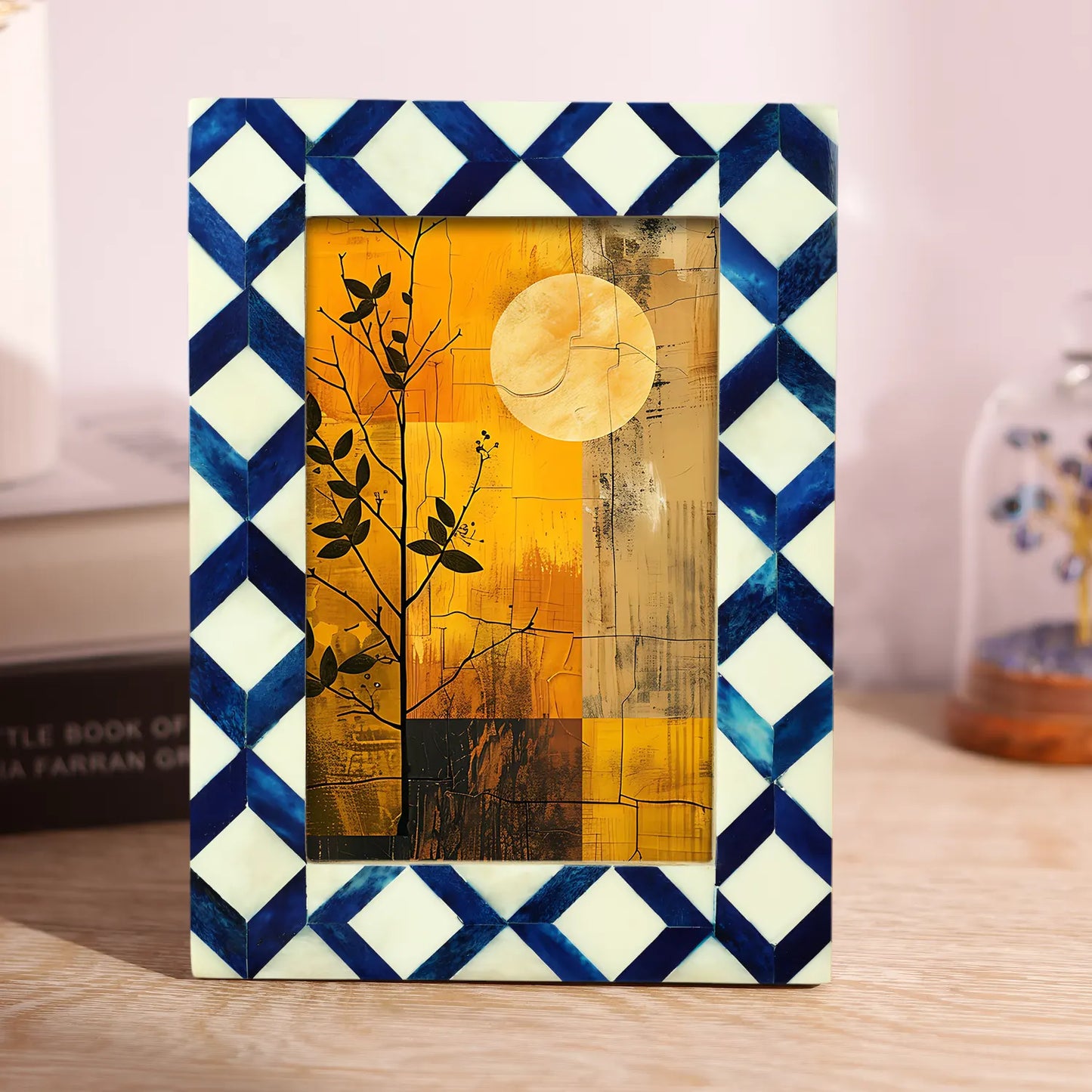 Blue & White Diamond Pattern Bone Inlay Picture Frame – 4x6 & 5x7