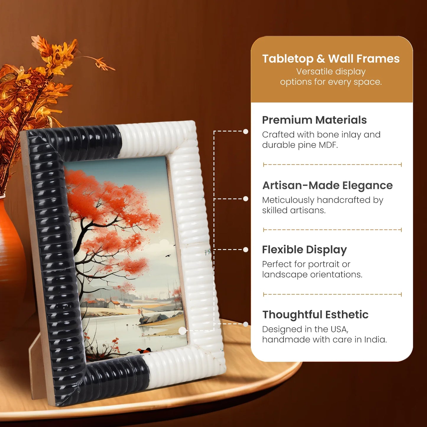 Ridged Black & White Bone & Resin Inlay Picture Frame- 4x6 & 5x7