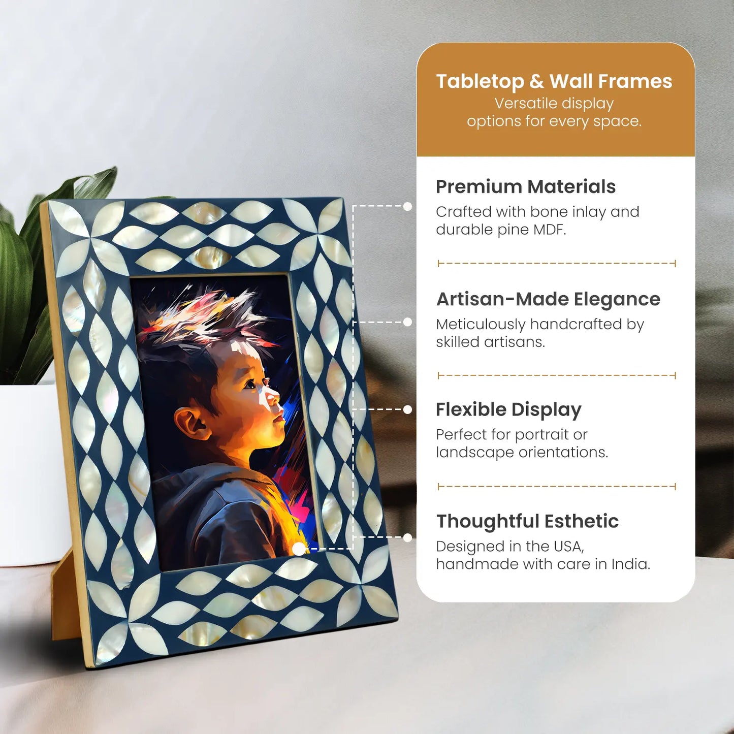 Mother of Pearl & Resin Inlay Avant Floral Picture Frame - Blue & White