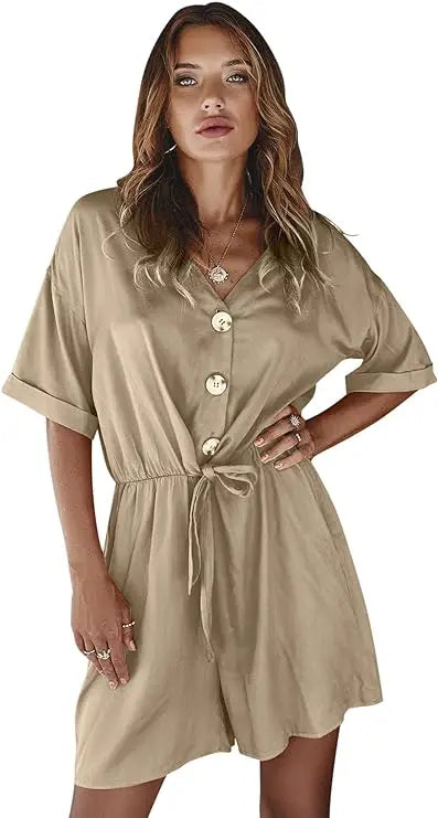 Jumpsuit V Neck Short Sleeves Button Front Self Tie Rompers -Available in 13 Colors