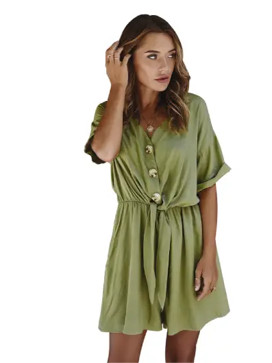 Jumpsuit V Neck Short Sleeves Button Front Self Tie Rompers -Available in 13 Colors