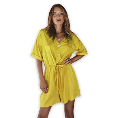 Jumpsuit V Neck Short Sleeves Button Front Self Tie Rompers -Available in 13 Colors