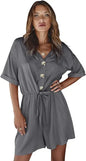 Jumpsuit V Neck Short Sleeves Button Front Self Tie Rompers -Available in 13 Colors