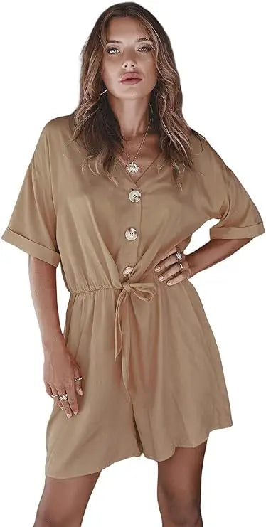 Jumpsuit V Neck Short Sleeves Button Front Self Tie Rompers -Available in 13 Colors