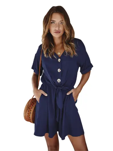 Jumpsuit V Neck Short Sleeves Button Front Self Tie Rompers -Available in 13 Colors