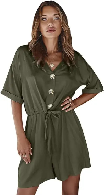 Jumpsuit V Neck Short Sleeves Button Front Self Tie Rompers -Available in 13 Colors