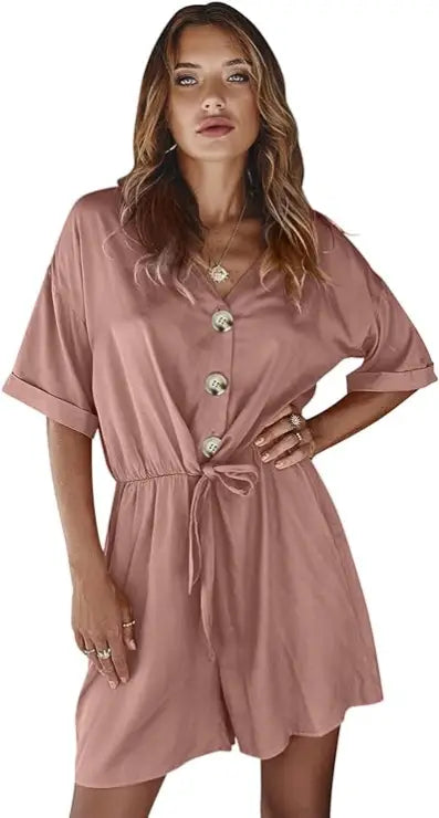 Jumpsuit V Neck Short Sleeves Button Front Self Tie Rompers -Available in 13 Colors