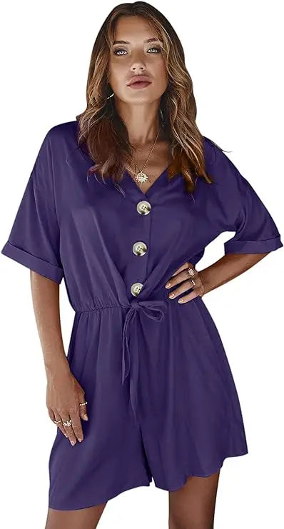 Jumpsuit V Neck Short Sleeves Button Front Self Tie Rompers -Available in 13 Colors