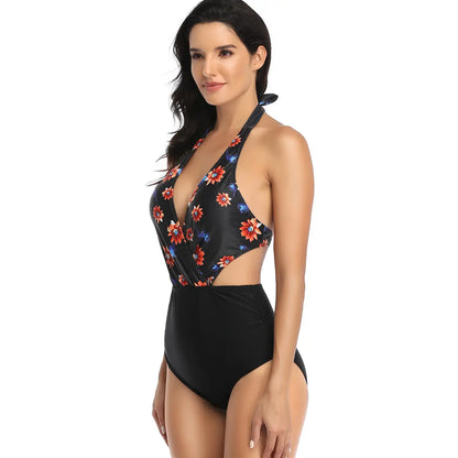 One Piece Swimsuits Swimwear Monokini Back Ties Ties in Black Flowers