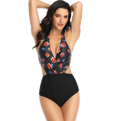 One Piece Swimsuits Swimwear Monokini Back Ties Ties in Black Flowers